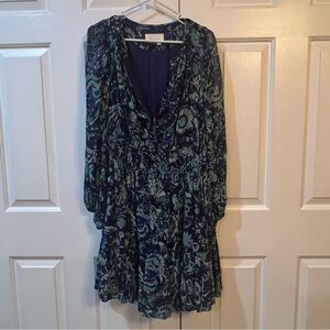 Anthropologie Abstract Smocked Dress Blue Green Balloon Sleeve Boho Size 1X